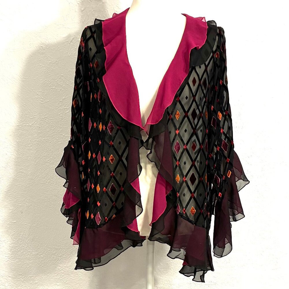 Vintage Bob Mackie Sheer Elegant Cardigan with Ruffles, COLOR/TEXTURE, Size Med